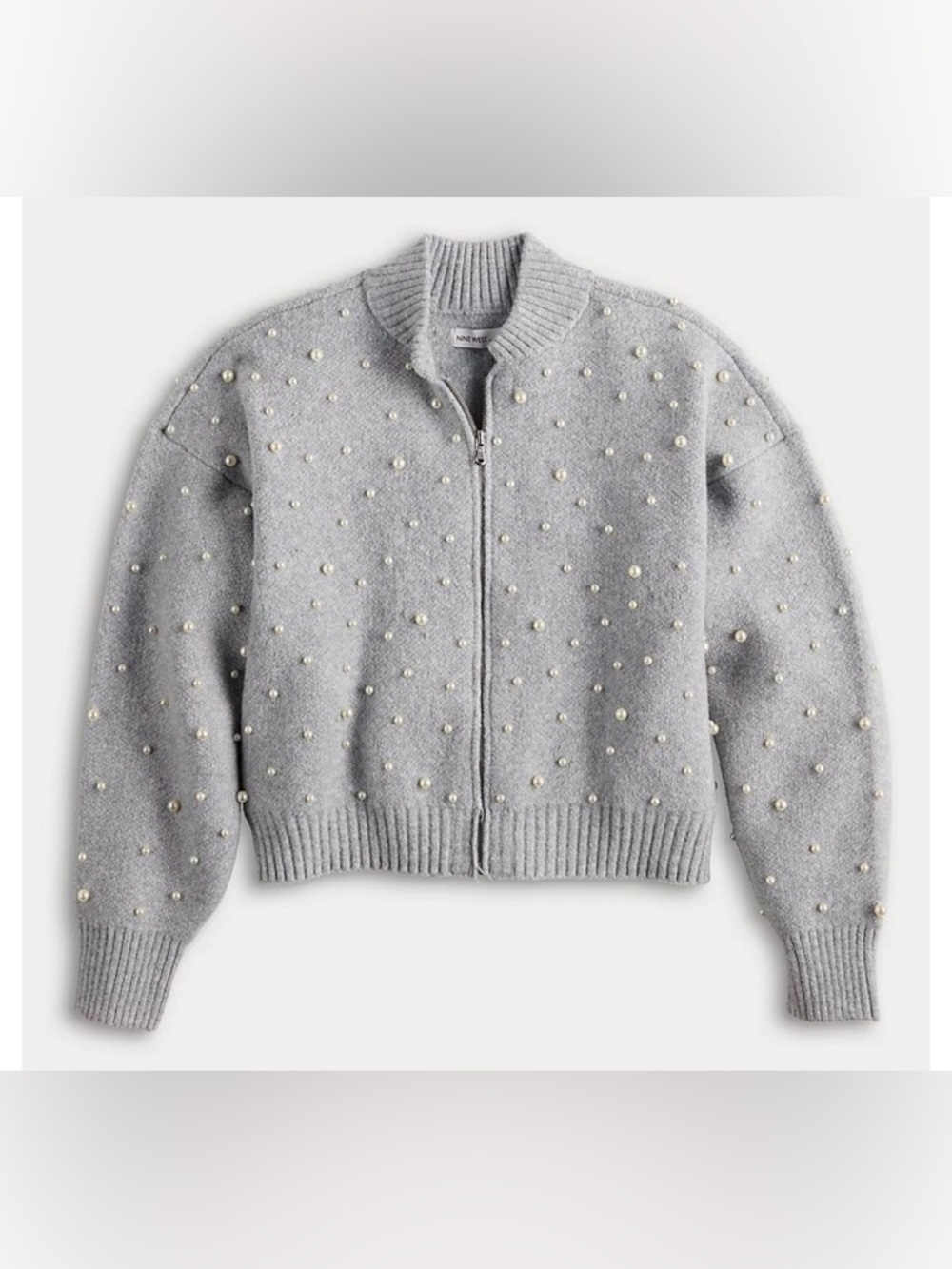 Nine West Gray Pearl-Studded Zip Sweater